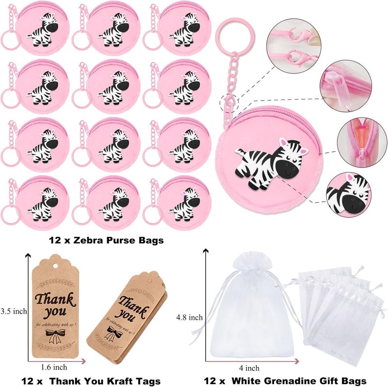 Elecrainbow 36 Pack Zebra Change Purses Set Include 12 Wallets with Keyring,12 Thank You Tags and 12 Organza Bags for Zebra Safari Jungle Grassland Party,Baby Shower Birthday Decor, Pink - Image 2